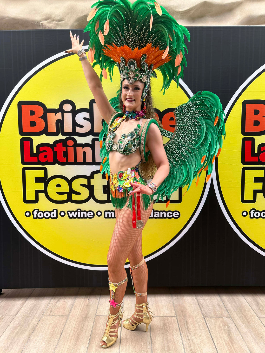 Melbourne Sambista Louisa wearing Mira Threads Professional Fishnet Tights at the World Salsa Solo competition.