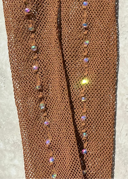 Dark tan, Bettie professional fishnet tights with back seam full of diamantés