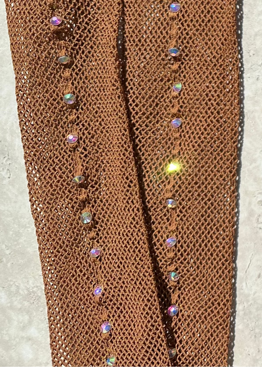 Dark tan, Bettie professional fishnet tights with back seam full of diamantés